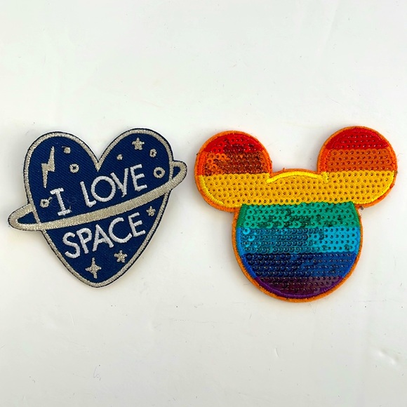 Disney Rainbow Sequin Mickey & I Love Space Sew On Patches - Picture 2 of 10